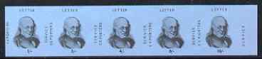 Cinderella - Great Britain 1971 Strike Post - Exporters Letter Service imperf se-tenant strip of 5 on blue paper showing Rowland Hill denominated 1s, 3s, 4s, 6s & 10s unm..., stamps on strike, stamps on rowland hill, stamps on postal, stamps on cinderella