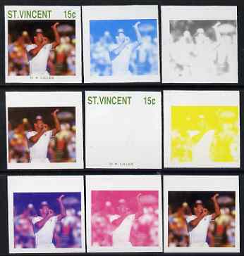 St Vincent 1988 Cricketers 15c D K Lillee the set of 9 imperf progressive proofs comprising the 5 individual colours plus 2, 3, 4 and all 5-colour composites unmounted mint, as SG 1144, stamps on , stamps on  stamps on personalities, stamps on  stamps on sport, stamps on  stamps on cricket