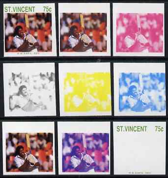 St Vincent 1988 Cricketers 75c R N Kapil Dev the set of 9 imperf progressive proofs comprising the 5 individual colours plus 2, 3, 4 and all 5-colour composites unmounted mint, as SG 1146, stamps on personalities, stamps on sport, stamps on cricket