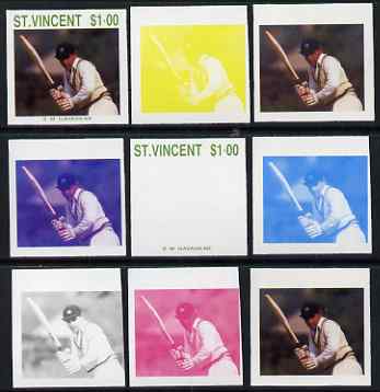 St Vincent 1988 Cricketers $1.00 S M Gavaskar the set of 9 imperf progressive proofs comprising the 5 individual colours plus 2, 3, 4 and all 5-colour composites unmounte..., stamps on personalities, stamps on sport, stamps on cricket