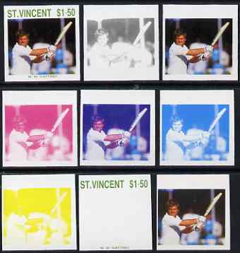 St Vincent 1988 Cricketers $1.50 Mike Gatting the set of 9 imperf progressive proofs comprising the 5 individual colours plus 2, 3, 4 and all 5-colour composites unmounted mint, as SG 1148, stamps on personalities, stamps on sport, stamps on cricket