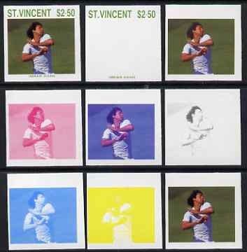 St Vincent 1988 Cricketers $2.50 Imran Khan the set of 9 imperf progressive proofs comprising the 5 individual colours plus 2, 3, 4 and all 5-colour composites unmounted ..., stamps on personalities, stamps on sport, stamps on cricket