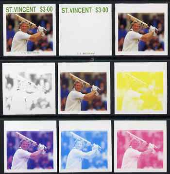 St Vincent 1988 Cricketers $3.00 Ian Botham the set of 9 imperf progressive proofs comprising the 5 individual colours plus 2, 3, 4 and all 5-colour composites unmounted ..., stamps on personalities, stamps on sport, stamps on cricket