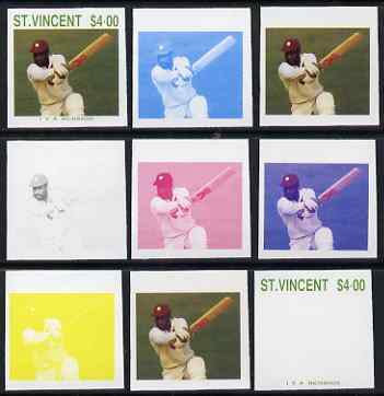 St Vincent 1988 Cricketers $4.00 Viv Richards the set of 9 imperf progressive proofs comprising the 5 individual colours plus 2, 3, 4 and all 5-colour composites unmounted mint, as SG 1151, stamps on personalities, stamps on sport, stamps on cricket