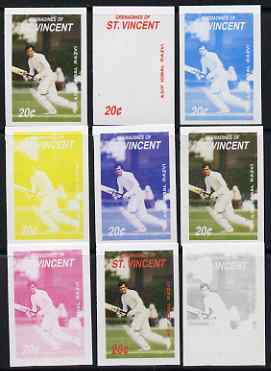 St Vincent - Grenadines 1988 Cricketers 20c Asif Razvi the set of 9 imperf progressive proofs comprising the 5 individual colours plus 2, 3, 4 and all 5-colour composites unmounted mint, as SG 573, stamps on personalities, stamps on sport, stamps on cricket