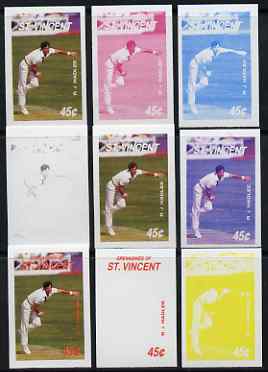 St Vincent - Grenadines 1988 Cricketers 45c R J Hadlee the set of 9 imperf progressive proofs comprising the 5 individual colours plus 2, 3, 4 and all 5-colour composites unmounted mint, as SG 574, stamps on personalities, stamps on sport, stamps on cricket