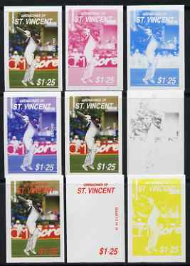 St Vincent - Grenadines 1988 Cricketers $1.25 C H Lloyd the set of 9 imperf progressive proofs comprising the 5 individual colours plus 2, 3, 4 and all 5-colour composite..., stamps on personalities, stamps on sport, stamps on cricket