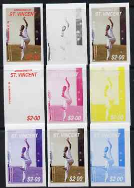 St Vincent - Grenadines 1988 Cricketers $2.00 M D Marshall the set of 9 imperf progressive proofs comprising the 5 individual colours plus 2, 3, 4 and all 5-colour composites unmounted mint, as SG 578, stamps on , stamps on  stamps on personalities, stamps on  stamps on sport, stamps on  stamps on cricket