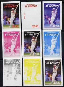 St Vincent - Grenadines 1988 Cricketers $2.50 G A Hick the set of 9 imperf progressive proofs comprising the 5 individual colours plus 2, 3, 4 and all 5-colour composites unmounted mint, as SG 579, stamps on , stamps on  stamps on personalities, stamps on  stamps on sport, stamps on  stamps on cricket