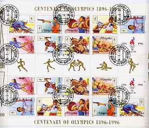 Mongolia 1996 Atlanta Olympics (Centenary) perf sheetlet containing 2 sets of 9 (plus label) fine cto used, as SG 2548-56, stamps on , stamps on  stamps on olympics    sport    gymnastics   weightlifting    shooting   bicycles    wrestling    horses    archery    boxing    hurdling, stamps on  stamps on  gym , stamps on  stamps on gymnastics, stamps on  stamps on 