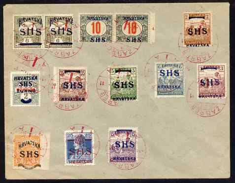Yugoslavia - Croatia 1918 unaddressed cover bearing various adhesives incl shifted overprint, philatelic but most attractive, stamps on , stamps on  stamps on yugoslavia - croatia 1918 unaddressed cover bearing various adhesives incl shifted overprint, stamps on  stamps on  philatelic but most attractive