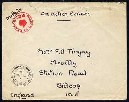 Great Britain 1914 OAS censored cover to Kent  with fine Army Post Office 39 datestamp, stamps on 