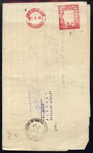 Palestine 1946 leaflet with 0.03M Jerusalem metre mark and Kinneret receiving mark, stamps on , stamps on  stamps on palestine 1946 leaflet with 0.03m jerusalem metre mark and kinneret receiving mark