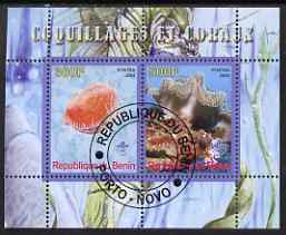 Benin 2008 Shells & Coral #1 perf sheetlet containing 2 values each with Scout Logo, fine cto used, stamps on , stamps on  stamps on marine life, stamps on  stamps on shells, stamps on  stamps on coral, stamps on  stamps on scouts