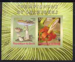 Benin 2008 Fungi & Orchids #1 imperf sheetlet containing 2 values each with Scout Logo, unmounted mint, stamps on , stamps on  stamps on fungi, stamps on  stamps on flowers, stamps on  stamps on orchids, stamps on  stamps on scouts