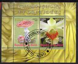 Benin 2008 Fungi & Orchids #3 perf sheetlet containing 2 values each with Scout Logo, fine cto used, stamps on , stamps on  stamps on fungi, stamps on  stamps on flowers, stamps on  stamps on orchids, stamps on  stamps on scouts