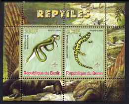 Benin 2008 Reptiles #2 perf sheetlet containing 2 values each with Scout Logo, unmounted mint, stamps on , stamps on  stamps on animals, stamps on  stamps on reptiles, stamps on  stamps on scouts