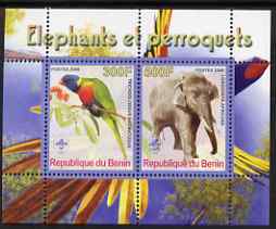 Benin 2008 Elephants & Parrots #1 perf sheetlet containing 2 values each with Scout Logo, unmounted mint, stamps on , stamps on  stamps on animals, stamps on  stamps on elephants, stamps on  stamps on birds, stamps on  stamps on parrots, stamps on  stamps on scouts