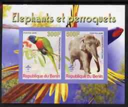 Benin 2008 Elephants & Parrots #1 imperf sheetlet containing 2 values each with Scout Logo, unmounted mint, stamps on , stamps on  stamps on animals, stamps on  stamps on elephants, stamps on  stamps on birds, stamps on  stamps on parrots, stamps on  stamps on scouts