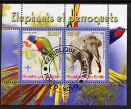 Benin 2008 Elephants & Parrots #1 perf sheetlet containing 2 values each with Scout Logo, fine cto used, stamps on , stamps on  stamps on animals, stamps on  stamps on elephants, stamps on  stamps on birds, stamps on  stamps on parrots, stamps on  stamps on scouts