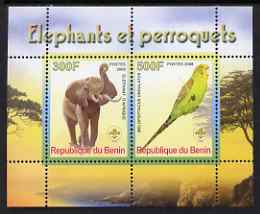 Benin 2008 Elephants & Parrots #2 perf sheetlet containing 2 values each with Scout Logo, unmounted mint, stamps on , stamps on  stamps on animals, stamps on  stamps on elephants, stamps on  stamps on birds, stamps on  stamps on parrots, stamps on  stamps on scouts