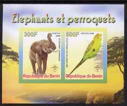 Benin 2008 Elephants & Parrots #2 imperf sheetlet containing 2 values each with Scout Logo, unmounted mint, stamps on , stamps on  stamps on animals, stamps on  stamps on elephants, stamps on  stamps on birds, stamps on  stamps on parrots, stamps on  stamps on scouts