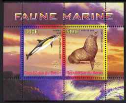 Benin 2008 Marine Fauna #2 perf sheetlet containing 2 values each with Scout Logo, unmounted mint, stamps on animals, stamps on sea lion, stamps on dolphins, stamps on scouts