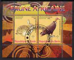 Benin 2008 African Fauna #1 perf sheetlet containing 2 values each with Scout Logo, fine cto used, stamps on animals, stamps on rabbits, stamps on birds, stamps on vultures, stamps on scouts