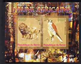 Benin 2008 African Fauna #2 imperf sheetlet containing 2 values each with Scout Logo, unmounted mint, stamps on animals, stamps on cats, stamps on lions, stamps on birds, stamps on falcons, stamps on  birds of prey, stamps on scouts