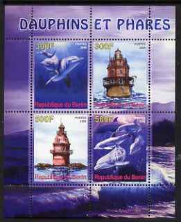 Benin 2008 Dolphins & Lighthouses perf sheetlet containing 4 values, unmounted mint, stamps on dolphins, stamps on lighthouses