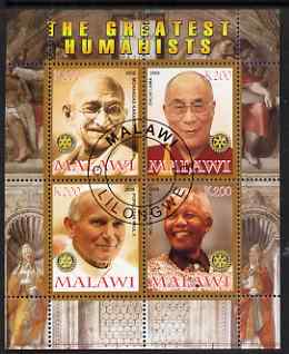 Malawi 2008 Great Humanitarians perf sheetlet containing 4 values each with Rotary Logo, fine cto used, stamps on , stamps on  stamps on personalities, stamps on  stamps on rotary, stamps on  stamps on gandhi, stamps on  stamps on dalai lama, stamps on  stamps on pope, stamps on  stamps on mandela, stamps on  stamps on personalities, stamps on  stamps on mandela, stamps on  stamps on nobel, stamps on  stamps on peace, stamps on  stamps on racism, stamps on  stamps on human rights