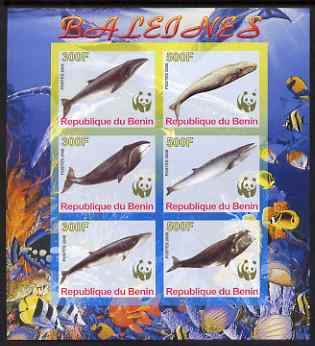 Benin 2008 WWF - Whales imperf sheetlet containing 6 values, unmounted mint, stamps on , stamps on  stamps on , stamps on  stamps on  wwf , stamps on  stamps on whales, stamps on  stamps on dolphins, stamps on  stamps on 