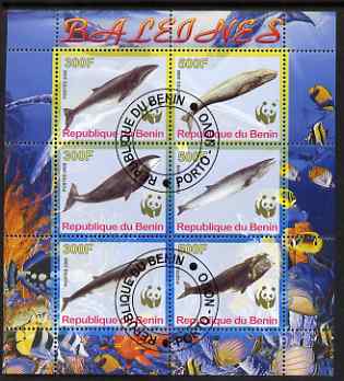 Benin 2008 WWF - Whales perf sheetlet containing 6 values, fine cto used, stamps on , stamps on  wwf , stamps on whales, stamps on dolphins, stamps on 