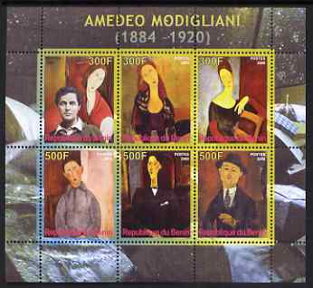 Benin 2008 Amedeo Modigliani perf sheetlet containing 6 values, unmounted mint, stamps on arts, stamps on modigliani