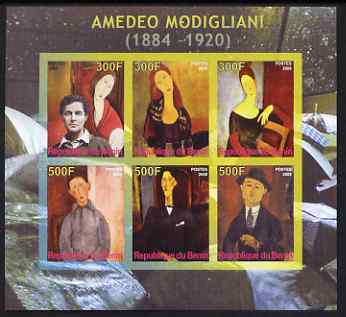 Benin 2008 Amedeo Modigliani imperf sheetlet containing 6 values, unmounted mint, stamps on arts, stamps on modigliani