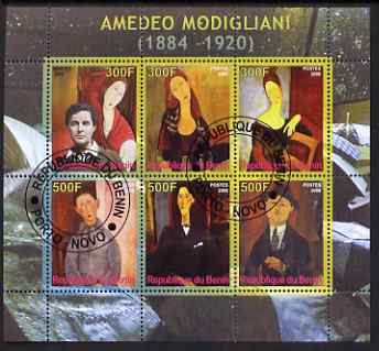 Benin 2008 Amedeo Modigliani perf sheetlet containing 6 values, fine cto used, stamps on , stamps on  stamps on arts, stamps on  stamps on modigliani