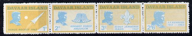 Davaar Island 1967 J F Kennedy perf def strip of 4 (Scouts & Space) unmounted mint, stamps on , stamps on  stamps on kennedy, stamps on personalities, stamps on scouts, stamps on space