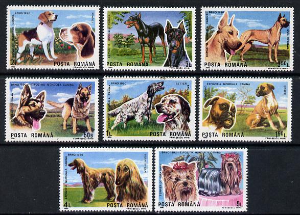 Rumania 1990 Dogs set of 8, Mi 4603-10, stamps on animals  dogs   afghan   setter, stamps on  gsd , stamps on beagle     boxer    doberman, stamps on dane  york-terrier