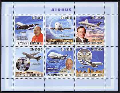 St Thomas & Prince Islands 2008 Airbus perf sheetlet containing 6 values unmounted mint , stamps on aviation, stamps on airbus, stamps on computers