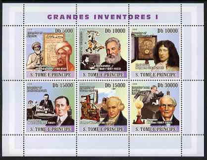 St Thomas & Prince Islands 2008 Inventors #1 perf sheetlet containing 6 values unmounted mint , stamps on , stamps on  stamps on personalities, stamps on  stamps on inventors, stamps on  stamps on maths, stamps on  stamps on telephone, stamps on  stamps on communications, stamps on  stamps on clocks, stamps on  stamps on radio, stamps on  stamps on energy, stamps on  stamps on science