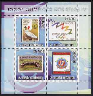 St Thomas & Prince Islands 2008 Olympic Games on Stamps #4 perf sheetlet containing 4 values unmounted mint , stamps on olympics, stamps on stamp on stamp, stamps on gymnastics, stamps on stadia, stamps on stamponstamp