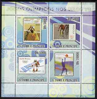 St Thomas & Prince Islands 2008 Olympic Games on Stamps #7 perf sheetlet containing 4 values unmounted mint , stamps on olympics, stamps on stamp on stamp, stamps on volleyball, stamps on skiing, stamps on bicycles, stamps on , stamps on stamponstamp