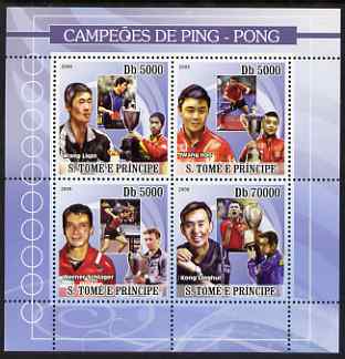 St Thomas & Prince Islands 2008 Table Tennis Champions #1 (blue border) perf sheetlet containing 4 values unmounted mint , stamps on sport, stamps on table tennis