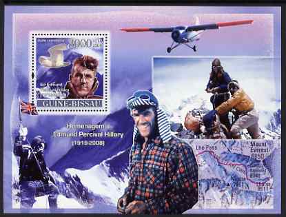 Guinea - Bissau 2008 Tribute to Edmund Hillary (mountaineer) perf souvenir sheet unmounted mint , stamps on personalities, stamps on mountains, stamps on aviation, stamps on maps, stamps on birds