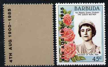 Barbuda 1985 Life & Times of HM Queen Mother 85th B'day overprint proof on perf blank label (printed in gold colour) as used for SG 809-15, unmounted mint with a typical value from the issued set, stamps on royalty, stamps on queen mother