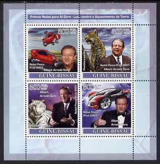 Guinea - Bissau 2007 Nobel Prize to Al Gore (Climate Problems) perf sheetlet containing 4 values unmounted mint , stamps on personalities, stamps on nobel, stamps on helicopters, stamps on weather, stamps on cars, stamps on cats, stamps on tigers