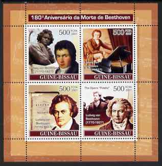 Guinea - Bissau 2007 Ludwig Van Beethoven perf sheetlet containing 4 values unmounted mint , stamps on , stamps on  stamps on personalities, stamps on  stamps on composers, stamps on  stamps on music, stamps on  stamps on bethoven, stamps on  stamps on personalities, stamps on  stamps on beethoven, stamps on  stamps on opera, stamps on  stamps on music, stamps on  stamps on composers, stamps on  stamps on deaf, stamps on  stamps on disabled, stamps on  stamps on masonry, stamps on  stamps on masonics