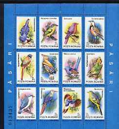 Rumania 1991 Birds #1 sheetlet containing 12 values unmounted mint, Mi BL 265, stamps on birds     magpie    shrike    bluebird    lark    hoopoe   wren    roller    woodpecker    