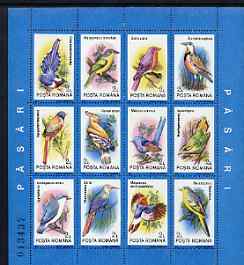 Rumania 1991 Birds #1 sheetlet containing 12 values unmounted mint, Mi BL 265, stamps on , stamps on  stamps on birds     magpie    shrike    bluebird    lark    hoopoe   wren    roller    woodpecker    