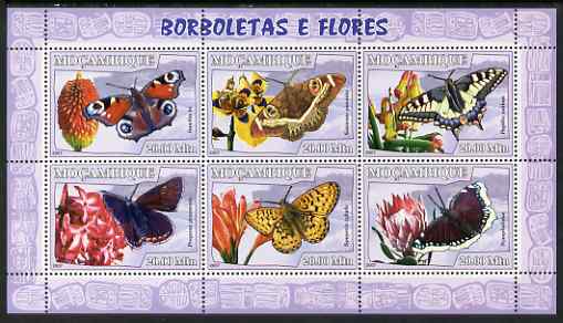 Mozambique 2007 Butterflies & Flowers perf sheetlet containing 6 values unmounted mint Yv 2360-65, stamps on butterflies, stamps on 
